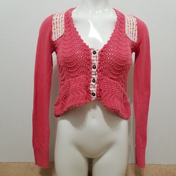 Free People cardigan Small crochet button front sweater pointelle NEEDS REPAIR - Picture 1 of 14